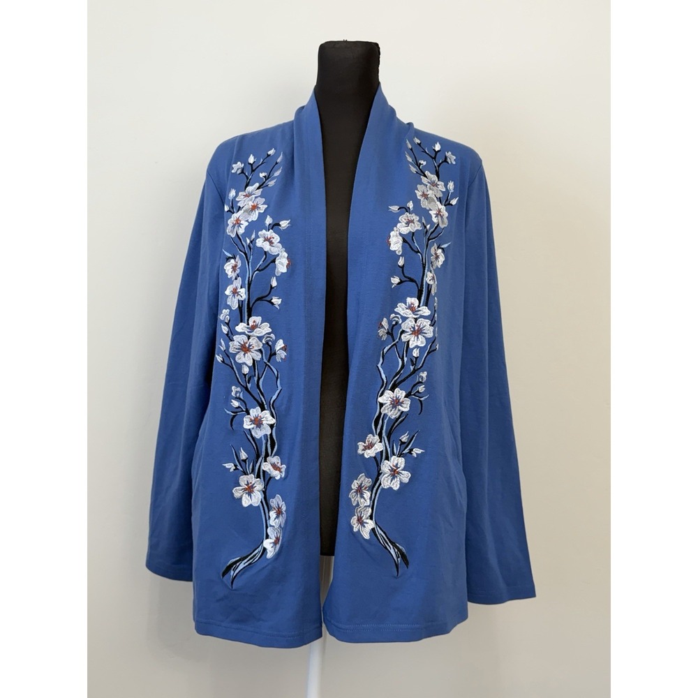 Bob Mackie Wearable Art Cardigan M Blue Floral Embroidered Open Front Jacket